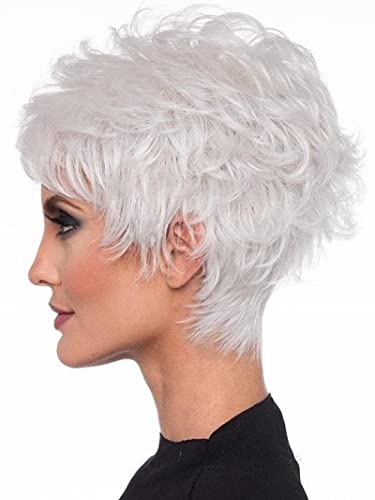 Pixie Cut Silver Wig, Slanted Bangs, Short Curly Hair, Fluffy White Wig, Middle-Aged and Elderly Womens Natural Hair for Daily Use - Image 4