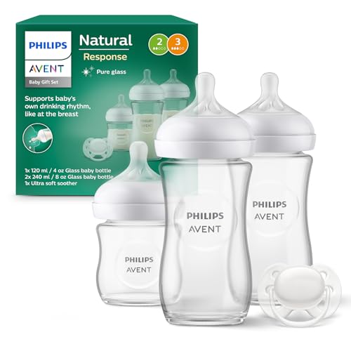 Philips Avent glazen babyfles cadeauset voor pasgeboren baby's - 3 babymelkflessen, ultra soft-fopspeen voor baby's van 0-6 maanden en ouder (model SCD878/11)