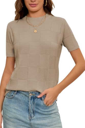 Image of Cakulo Women's Short Sleeve Summer Sweater Knit Tops | Checkered Pattern, Crew Neck, Lightweight Knit, Pullover Sweaters, Business Casual Work Tops Basic Clothes