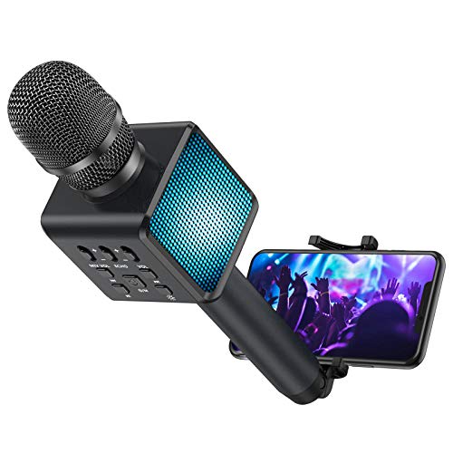 LELONG Karaoke Microphone with Controllable LED Lights, 4 in 1 Wireless Bluetooth Hi-Fi Karaoke Microphone for Kids Adults with Phone Holder, Handheld Karaoke Mic for Android/iPhone/PC - Grey