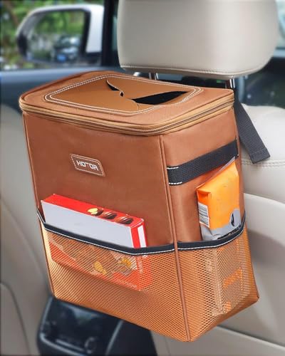 Image of HOTOR Brown Car Trash Can with Adjustable Strap, Magnetic Snaps, Waterproof Lining, and Storage Pocket