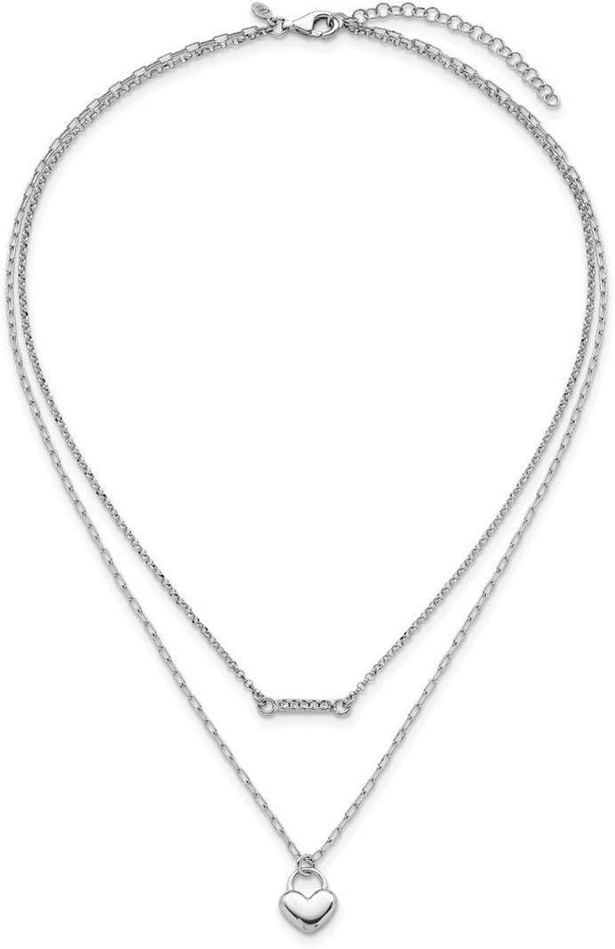 JewelryWeb 925 Sterling Silver Rhodium Plated CZ Puff Love Heart 16 With 2 Inch Extension 2-strand Necklace 16 Inch Strand Necklace for Women