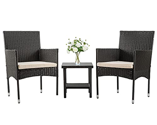 FDW | 3-Piece Patio Furniture Set | Black | Outdoor Wicker Furniture with Coffee Table | Modern Rattan Chairs Conversation Set | Outdoor Seating | Weather-Resistant | for Porch, Garden, Lawn