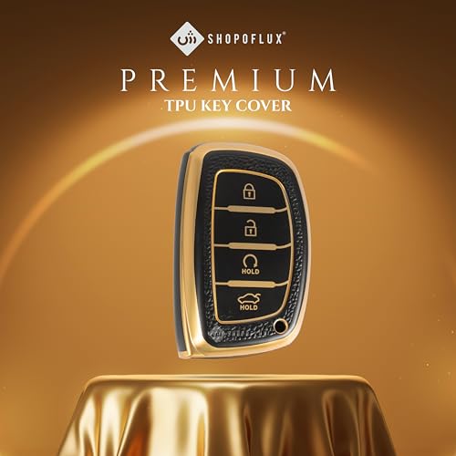 Image of SHOPOFLUX TPU Leather Key Cover Compatible with Hyundai Alcazar and Creta Car 4 Button smart Key (Black Gold)