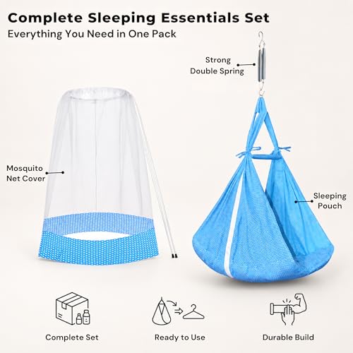 Image of Vparents Sleeping Essentials with Mosquito Net & Spring, Small Dot (Blue)