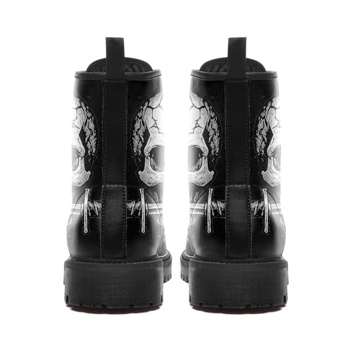 Image of Custom Black Combat Boots for Women Fashion Lace-Up Skull Rose Ankle Booties Chunky Heel Platform Leather Boots