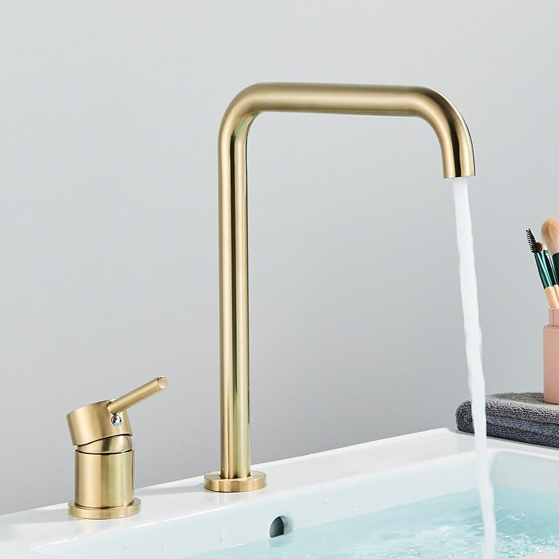 Robinet de lavabo or brossé mitigeur haut de gamme avec bec rotatif design sur pont