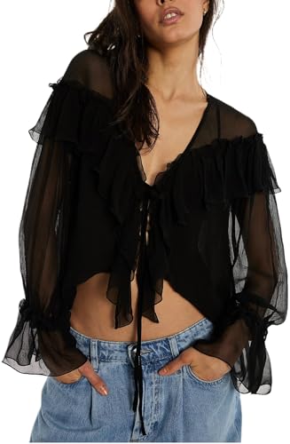 Image of Sexy Black Ruffle Shirt Flowy Lace Long Sleeve Front Tie Chiffon Top Boho Embroidered Peasant Blouse Summer Bow Tie Front Peplum Tops for Women