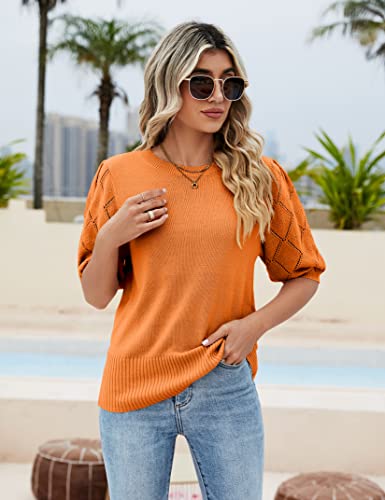 Image of Womens Short Sleeve Sweaters Crewneck Knit Pullover Tops 2025 Summer Casual Lightweight Crochet Blouse Shirt
