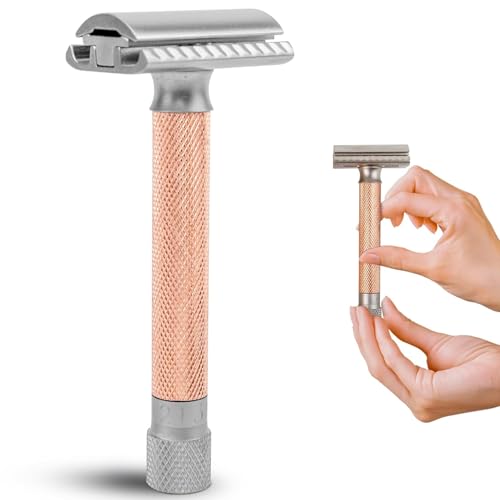 Image of Parker THE VARIANT CLOSED COMB - ADJUSTABLE Double Edge Safety Razor, Customize your Shave with a Turn of the Dial from Mild to Aggressive - 5 Blades Included (ROSE GOLD)