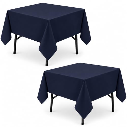 Image of 2-Pack 60x60 inch Navy Blue Table Cloths, Solid Stain and Wrinkle Resistant Tablecloth, Premium Plain Weave Polyester Fabric Rectangle Table Linen Covers for Hotel, Banquet