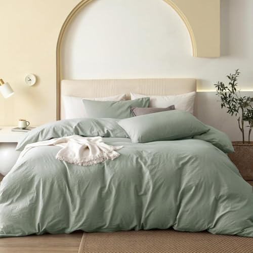 Image of Viewstar Premium Cotton Duvet Cover, King Size 91x101 Inches, 300 Thread Count, Ultra-Soft, Wrinkle-Free, Cotton-Quilt /Comforter Zipper Cover (Sage Green)
