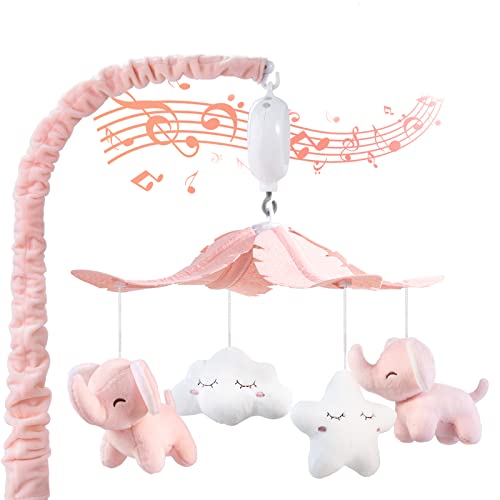 Image of FEISIKE Baby Crib Mobile for Girls Boys with 3 Modes Musical Motor（Rotating Only, Music Only, Rotating & Music) ,12 Lullabies,Pink Elephant Nurser Mobile,Knob Type