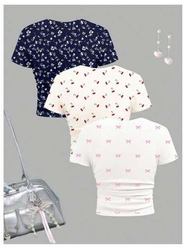 Image of SOLY HUX Girl's Basic Crop Top Set Crew Neck Short Sleeve T-Shirts 3 Packs Casual Summer Fitted Tees