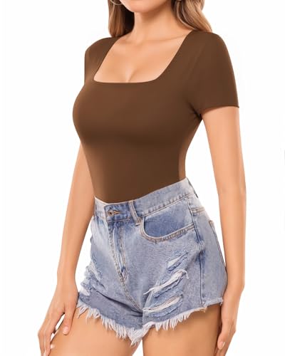 Image of MANGOPOP Womens Square Neck T Shirts Long Sleeve Short Sleeve Tops Fitted Tees