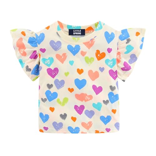 LittleSpring Toddler Girls Short Sleeve Tees Ruffle Sleeve Tops Round Neck Colorful Apricot Summer Clothes Heart T-Shirt 5T