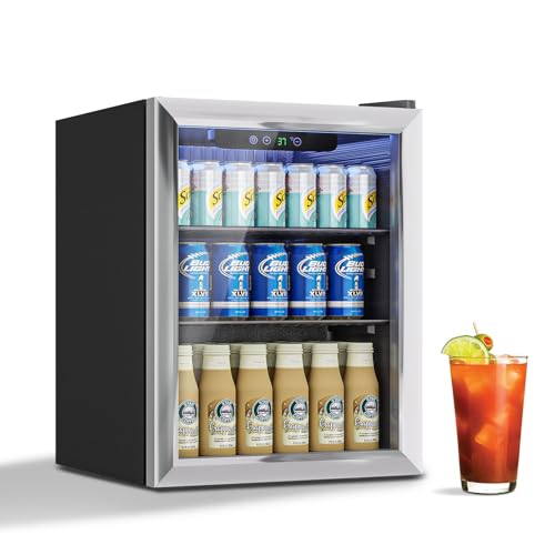 Stopasd Beverage Refrigerator Cooler, 1.7 Cu.Ft/76 Can Drink Fridge with Adjustable Shelves & Glass Door for Soda Wine Beer, Quiet Undercounter Small Fridge for Home/Office/Bar/Garage(37°-61℉), Black