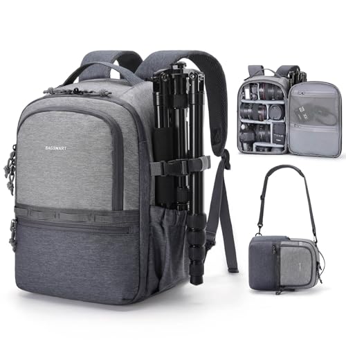 BAGSMART Camera Backpack, DSLR SLR Small Camera Bags for Photographers Compatible for Sony Canon Nikon, Shoulder Strap 2-in-1 Travel Backpack Fits 12.9" iPad, Gray