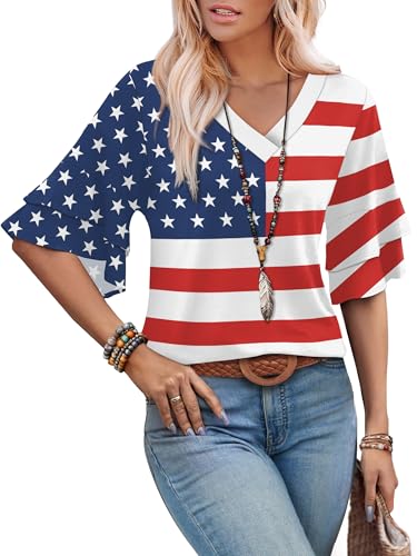 Image of OFEEFAN Spring Tops for Women Boho Shirts Fashion Clothing Cute 3 /4 Length Sleeve Blouses Dressy Casual Summer Outfits