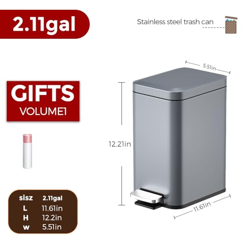 Image of 8L /2Gal Slim Step Garbage Can,Narrow Rectangle Garbage Container Bin,Small Bathroom Trash Can with Lid Soft Close，Foot Pedal Garbage Can for Bathroom,Bedroom,Office (8l-Gery)