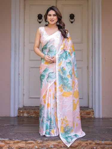 Image of ALMAARI FASHION Women's Floral Printed Georgette Satin Saree with Unstitched Blouse Piece | Traditional Ethnic Wear Sarees | Soft Lightweight Ethnic Office Wear Daily Wear Indian Sari (SG 181-190 F)