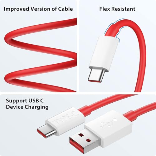 Image of One Plus 80W Fast Charging USB-A to Type-C Cable|Ultra Fast Charging|WARP /Dash Compatible|Compatible with One Plus 13 /13S /13R /12 /12R /11 /11R /10 /10R /10T /10 Pro /9 /9R /9 Pro /Nord 5 / Lite