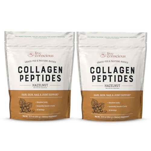 Image of Live Conscious Collagen Peptides Powder - Hazelnut Collagen Powder - Hair, Skin, Nail, & Joint Support - Type I & III Grass-Fed Collagen Supplements for Women and Men - 30 Servings (2-Pack) - 12.4oz