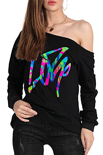 Image of MAGICMK Woman's Sweatershirt Lips Print Causal Blouse Off The Shoulder Long Sleeve Loose Slouchy Pullover Plus Size Tops