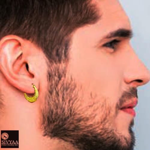 Image of SIVYAA Men's Single Piece Kaju Shape Bali Hoop Earrings | Pure 925 Silver | Size 10 mm to 16 mm | Textured Piercing Ear Ring | Bold Cool Look | Gift Item 4 Men Boys Kids | 6 Month Warranty, 1 Pcs