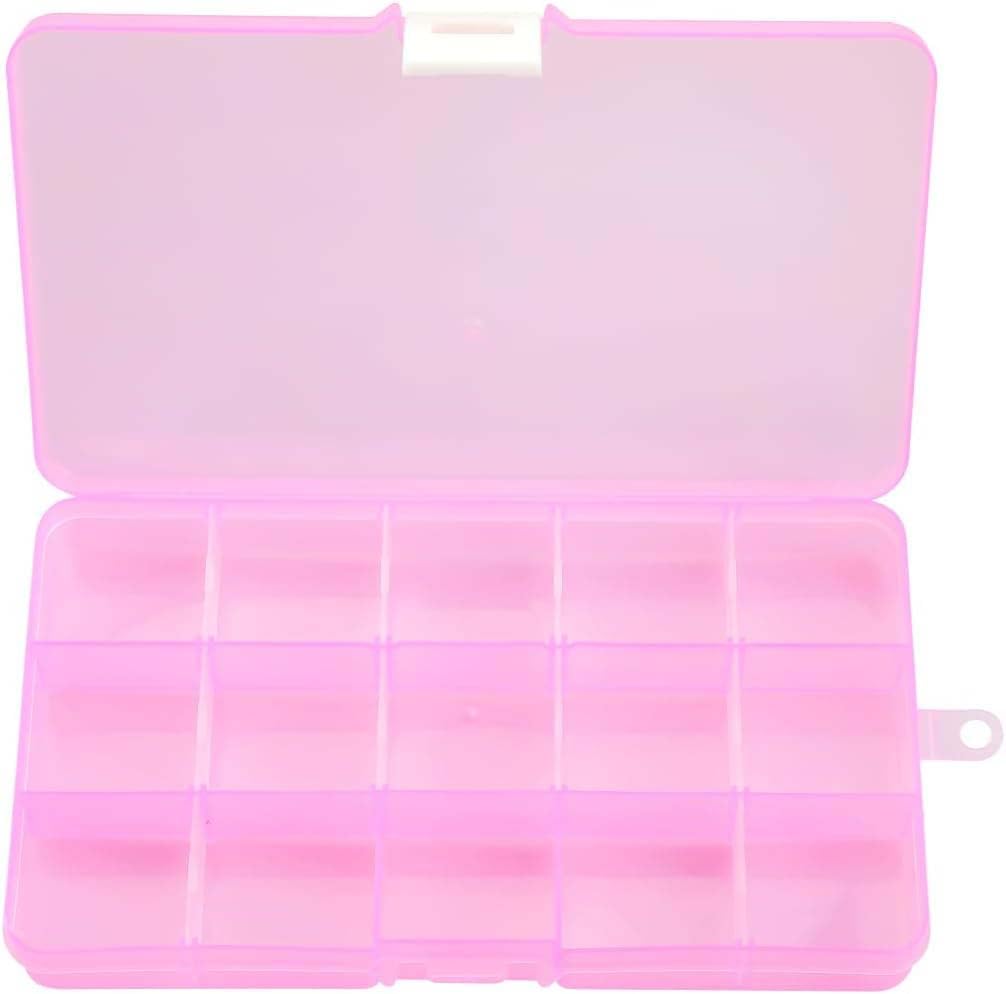 Hopzab Pink 15 Grids Plastic Jewellery Organizer Clear Storage Box Bead Container With Adjustable Dividers For Small Accessories Items Office Supplies Beads Crafts Candy Small Snack(Pink)