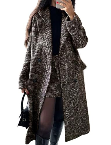 chouyatou Women's Winter Casual Herringbone Wool Coat Double Breasted Notch Collar Dressy Long...