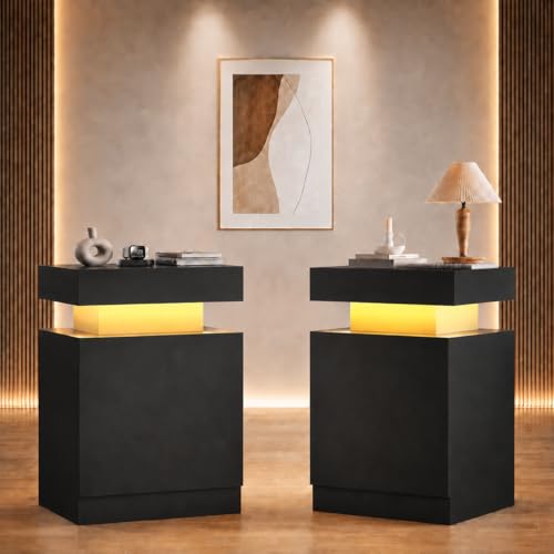 MXV Nightstand with LED Lights & Charging Station, Black Bedside Tables with USB Ports, Storage Cabinet & Drawers for Bedroom, Modern End Tables for Living Room by MXV - Used condition - US$87.13