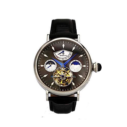ENRIVA Men's Automatic Winding Mechanical Tourbillon - Skeletonized Face Open-Heart Display - Calfskin Leather Band - Black Dial-Black Band -  ERZ041LSS1
