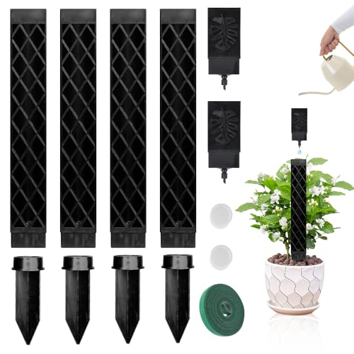 KBIBCK 4 Pcs Moosstab für Monstera Rankhilfe, Selbstbewässerung Moosstab mit Pflanzen Gießhilfe, Bodeneinführung und Pflanzenbänder, Rankhilfe Monstera für Kletterpflanzen Gartenbepflanzung (Schwarz)