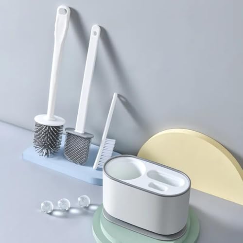 Image of VEZPAX Toilet Brush and Holder Set 3 in 1 Wall Mounted Silicone Flat Toilet Cleaner Set Cleaning Tool Bathroom Cute Tool Toilet Scrubber Long Handle Toilet Brush with Bowl Brush Head