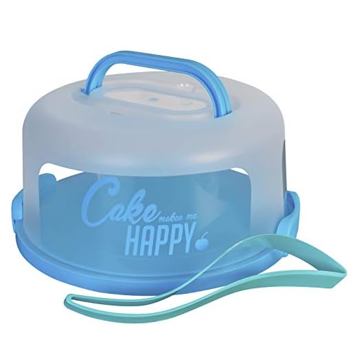 Tigrillo Store cake carrier, collapsible handles, sky blue,"Cake Makes Me Happy", food storage, cake stand, cutting utensil, plastic containers with airtight lids.