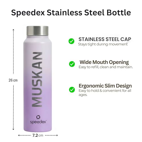 Image of Speedex Customised Engraved Name Stainless Steel Water Bottle 1 Ltr - Personalised Screw Cap Bottle for Kids, Men & Women, School, Office, Gym, Dual Purple, Set of 1