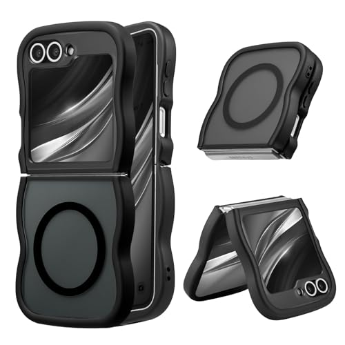 UEEBAI Magnetic for Samsung Galaxy Z Flip 5/Z Flip 6/7 FE Case, Compatible with MagSafe, 2025 Transparent Clear Wave Frame Design Soft Edge Cover Matte Shockproof Phone Case- Black