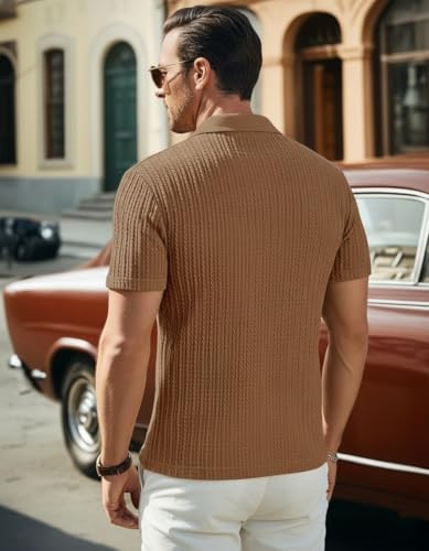 Image of Zilcon Mens Casual Polo Shirt Summer Short Sleeve Vacation Button Beach Knit Stretchy Golf Tshirts