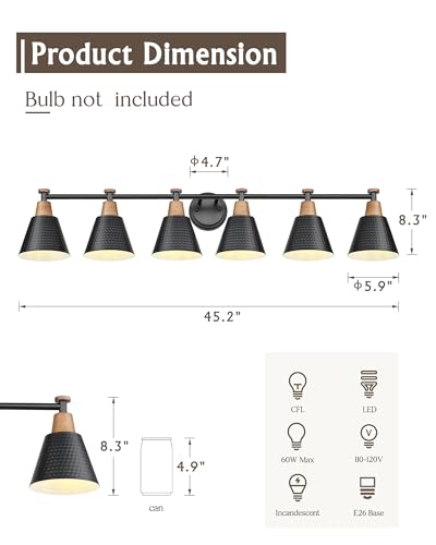 Image of FEMILA Black 6 Light Bathroom Vanity Light, Vintage Bathroom Light Fixtures Over Mirror, E26 Base, 4FG59B-6W BK
