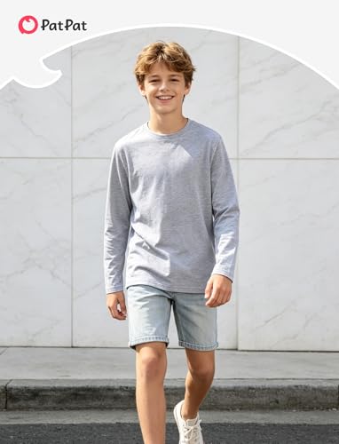 Image of PATPAT Boys Long Sleeve Shirts Cotton Solid Crew Neck Basic Shirts 5-16 Years
