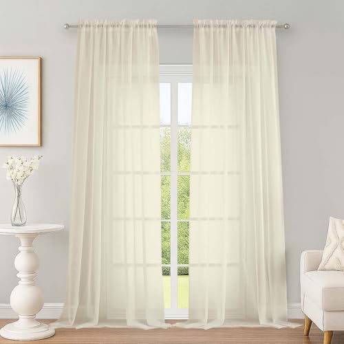 Image of OWENIE Extra Long Cream Sheer Curtains 96 Inches Long 2 Panels Set, Soft Lightweight Airy Voile Sheer Curtain for Bedroom Living Room, Rod Pocket Solid Color Farmhouse Curtains, 59 inch Wx96 L Inch