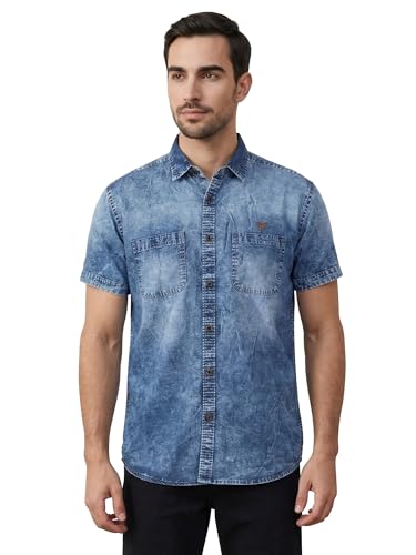 Image of Kuons Avenue Men's Stonewash Denim Shirt | Half Sleeve | Regular Fit | | Double Pocket Solid Denim Shirt