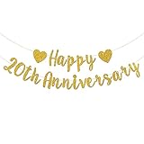 Talorine Happy 20th Anniversary Banner, 20th Wedding Anniversary, 20th Birthday, 20 Years Loved Party Decorations (Gold Glitter)