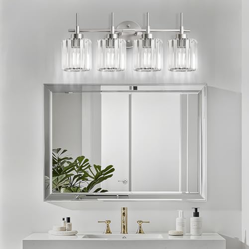 Image of EJIAXIN Crystal Bathroom Vanity Lights, 4 Light Bath Mirror Light Brushed Nickel Round Crystal Wall Mount Light Fixture Over Mirror Morden for Living Room