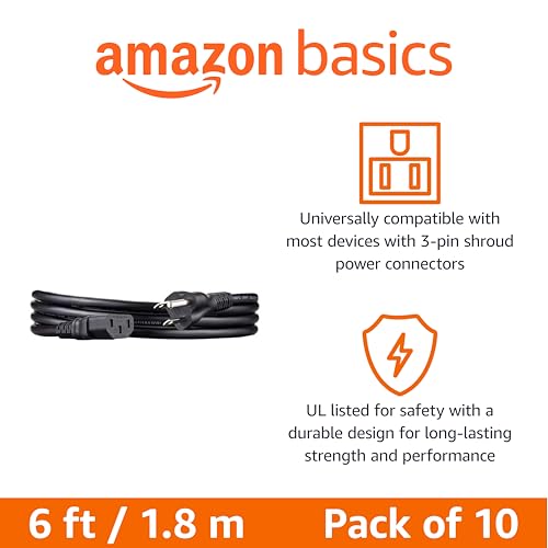 Image of Amazon Basics PC Power Cord for Monitor, Computer, TV, 3 Prong, 18 AWG, 125 Volts, 6 feet, Black, 10-Pack, UL Listed