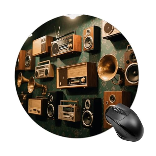 asbwuo Vintage Wall of Radio Boombox Round Mouse Pad, Cute Non-Slip Rubber Base Desk Mat, Funny Small Mousepad for Office & Gaming, Decorative Computer Accessories for Home Office Desk 7.8 Inch