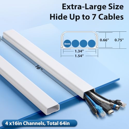 Image of ZhiYo 64 inch Cord Covers for 4-7 Wires on Wall, White, 1.54 inch W x 0.75 inch H | Paintable TV Cord Hider for Wall-Mounted TVs, Self-Adhesive Wire Cover for Walls, Easy Installation, 4 Pack (16 inch Each)