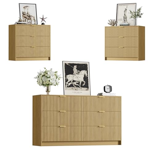 Image of Furniway 3 Piece Bedroom Set, 6 Drawer Dresser and 3-Drawer Nightstand Set of 2 with Gold Handles, Mid-Century Modern Wood Chest of Drawers Storage Cabinet for Bedroom, Natural Oak