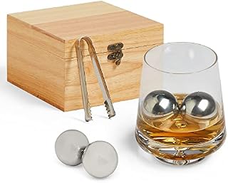 VonShef Whiskey Glass & 2 Stones Gift Set in Wooden Box  Whisky Glass Set with Metal Tongs & 2 Large Stainless Steel Chilling Stones for no Dilution  Scotch & Bourbon Gifts for Men and Women